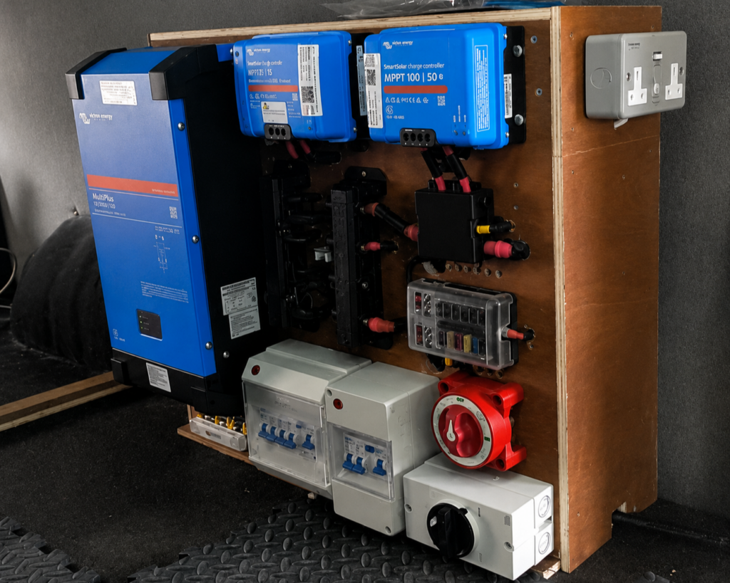 Victron campervan electrical system with inverter charger, solar controllers and fuse protection
